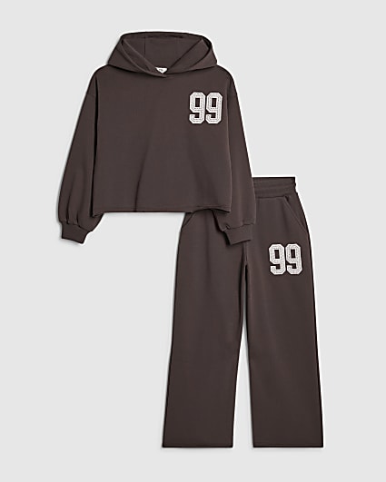 Girls Brown 99 Number Hoodie Tracksuit Set