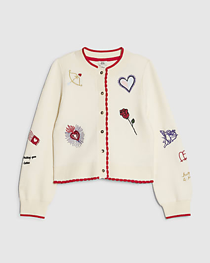 Girls Cream Embroidered Cardigan