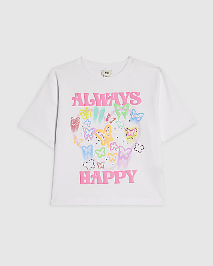 Girls White Butterfly Crop T-Shirt