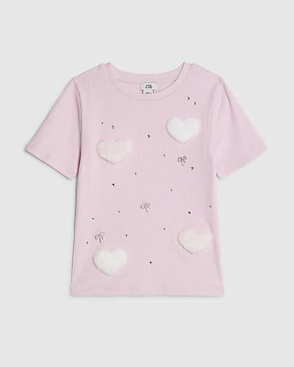 Girls Pink Ribbed Faux Fur Heart T-Shirt