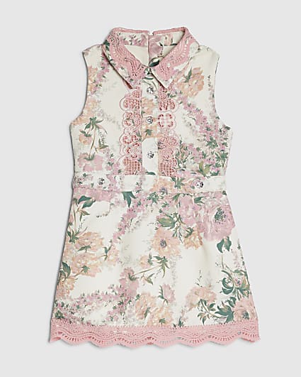 Mini Girls Pink Floral Lace Collar Dress