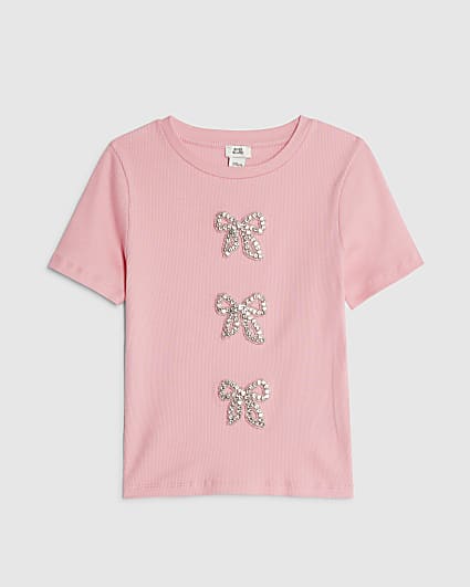 Girls Pink Ribbed Diamante Bow T-Shirt