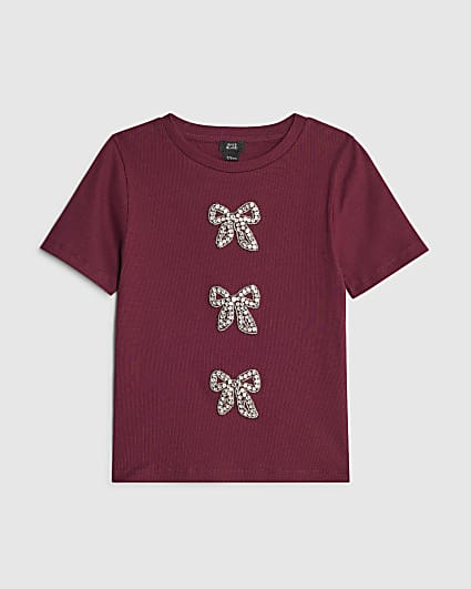 Girls Red Ribbed Diamante Bow T-Shirt