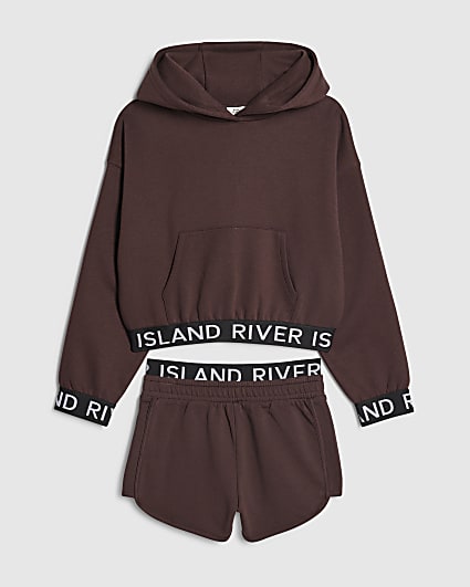 Girls Brown Hoodie And Shorts Set
