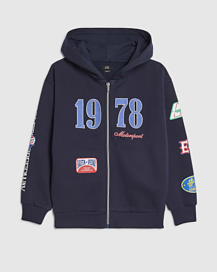 Boys Navy 1978 Badge Zip Through Hoodie