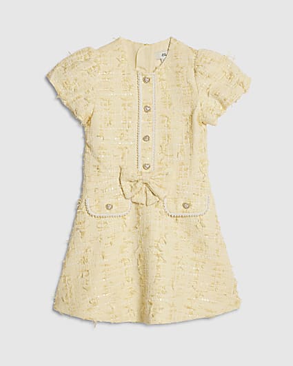 Girls Yellow Bow Boucle Pearl Dress