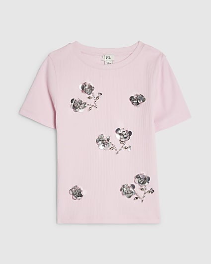Girls Pink Sequin Flower T-shirt