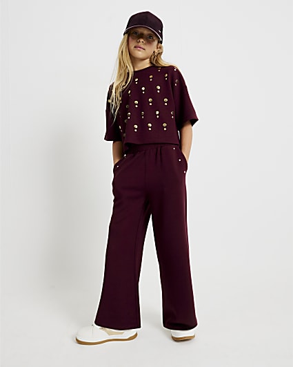 Girls Red Studded Wide Joggers