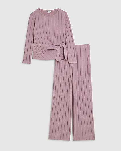 Girls Pink Cosy Rib Wide Leg Trousers Set