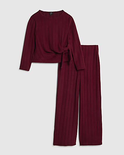 Girls Red Cosy Ribbed Wide Leg Trousers Set
