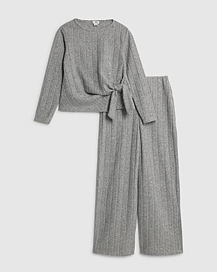 Girls Grey Cosy Ribbed Wide Leg Trousers Set