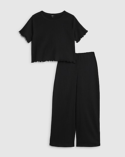Girls Black Textured Wide Leg Trousers Set