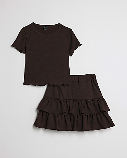 Girls Brown Textured Rara Skirt Set