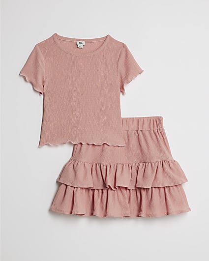 Girls Pink Textured Rara Skirt Set