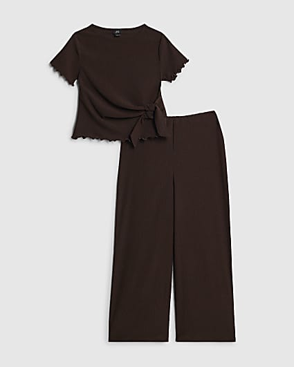 Girls Brown Textured Knot T-Shirt Set