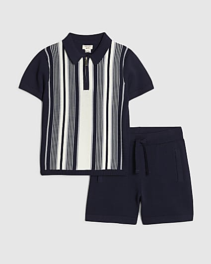 Mini Boys Navy Stripe Polo Shirt Set