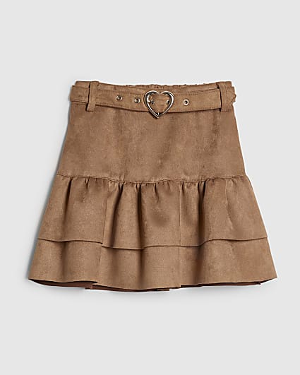 Girls Brown Faux Suede Belted Skirt