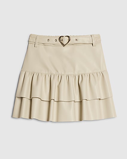 Girls Cream Faux Leather Belted Skirt