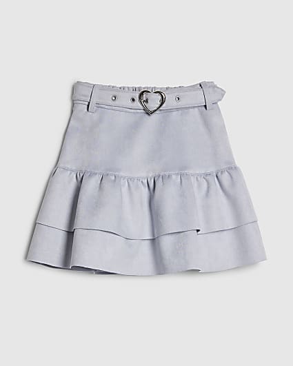 Girls Blue Faux Suede Belted Skirt