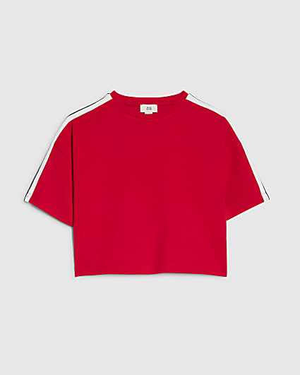 Girls Red Side Tape Boxy Cropped T-Shirt