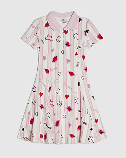 Girls Pink Stripe Lip Fit and Flared Dress