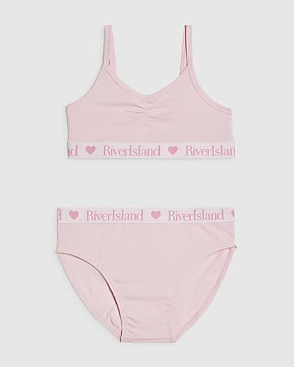 Girls Pink Ruched Crop Top And Brief Set