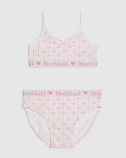 Girls White Bow Crop Top And Brief Set