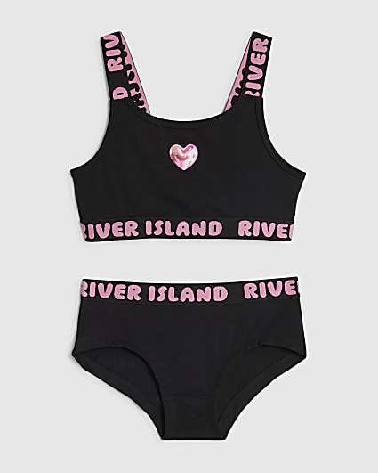 Girls Black Strappy Crop Top And Brief Set