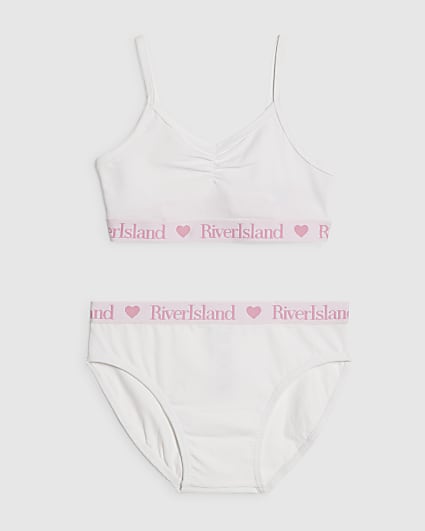 Girls White Ruched Crop Top And Brief Set