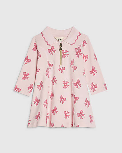 Baby Girls Pink Bow Print Ribbed Dress