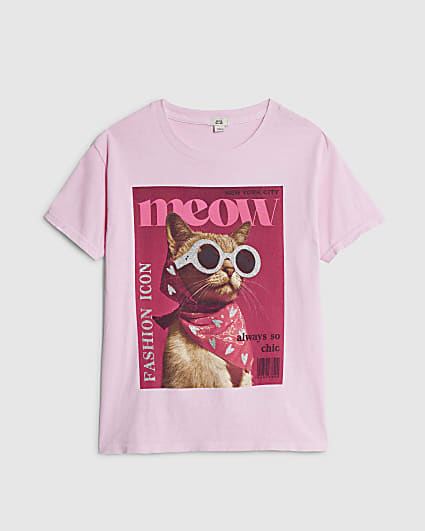 Girls Pink Meow Cat Boyfriend T-Shirt