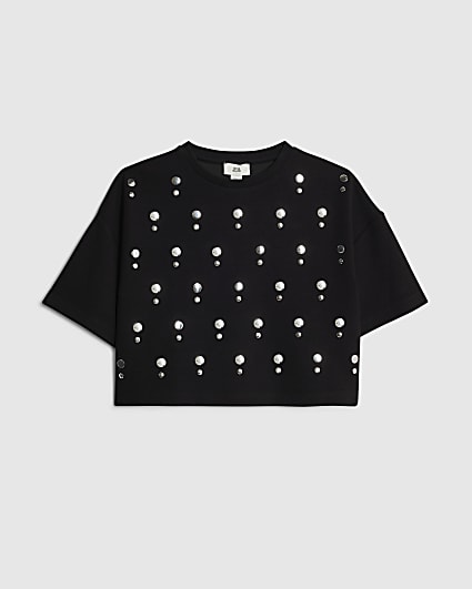 Girls Black Studded T-Shirt