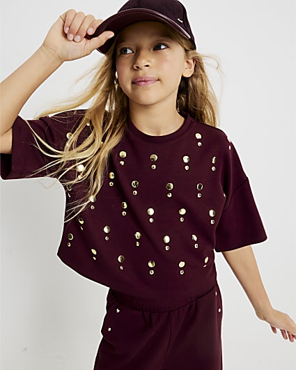 Girls Red Studded T-Shirt