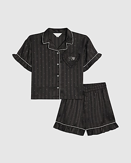 Girls Black Embellished Satin Pyjamas