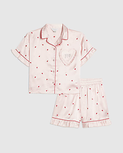 Girls Pink Heart Embroidered Satin Pyjamas
