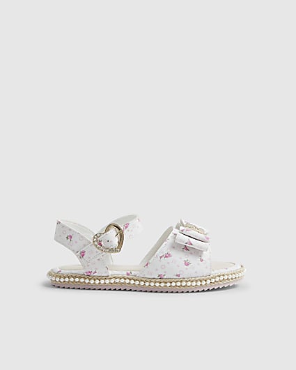 Girls White Ditsy Rose Bow Sandals