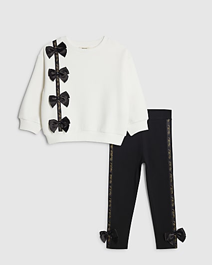 Mini Girls Cream Satin Bow Sweatshirt Set
