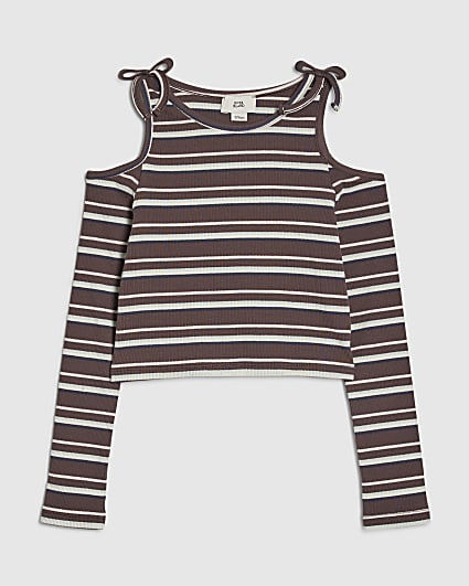 Girls Brown Stripe Cold Shoulder Top