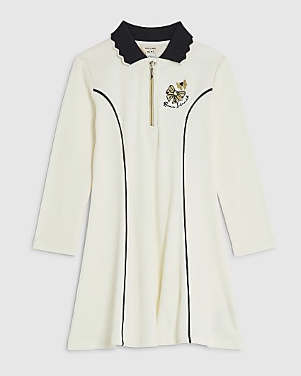 Mini Girls Cream Ribbed Zip Polo Dress