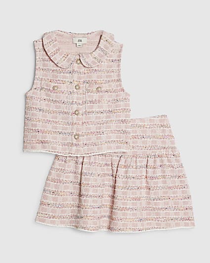 Girls Pink Boucle Skirt Set
