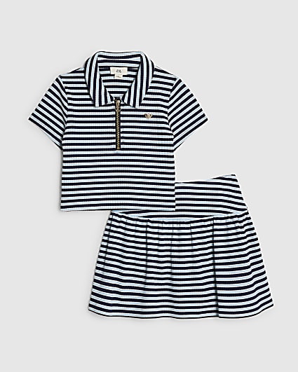 Girls Blue Stripe Polo Shirt And Skirt Set