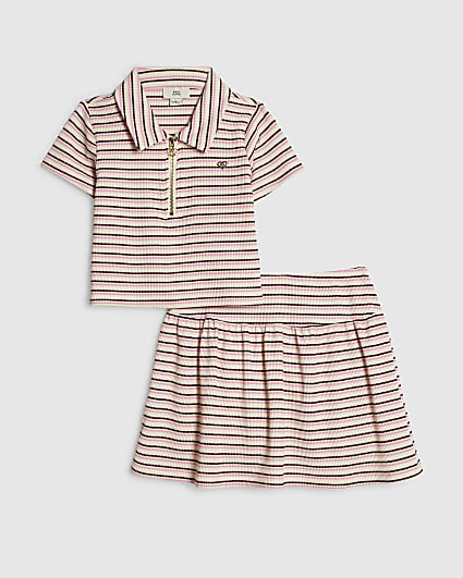 Girls Pink Stripe Polo Shirt And Skirt Set