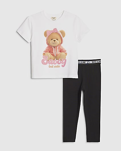 Mini Girls White Sassy Bear T-Shirt Set