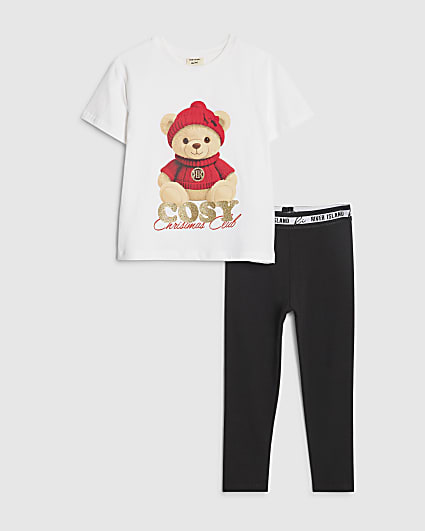 Mini Girls White Christmas Bear T-Shirt Set