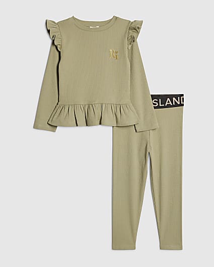 Mini Girls Khaki RI Waist Band Ribbed Set