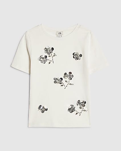 Girls White Sequin Flower T-Shirt