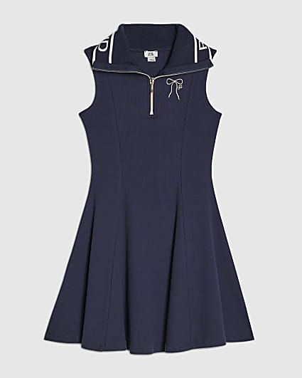 Girls Navy Oversized Collar Dress