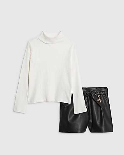 Girls Cream Roll Neck Top Set
