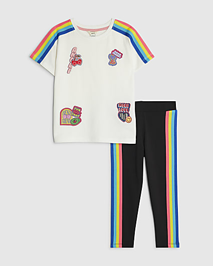 Mini Girls Cream Badged Stripe T-Shirt Set