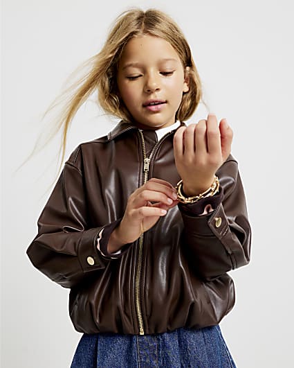 Girls Brown Faux Leather Bomber Jacket
